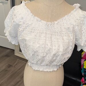J. Crew White Eyelet Lace Blouse with Puff Sleeves